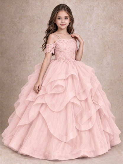 3D Floral Girls Pageant Dresses Off Shoulder Ruffled Tulle Princess Gown for Wedding Birthday Party