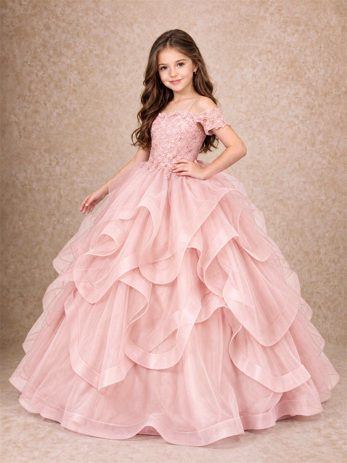 3D Floral Girls Pageant Dresses Off Shoulder Ruffled Tulle Princess Gown for Wedding Birthday Party