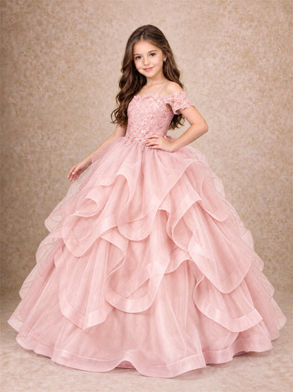 3D Floral Girls Pageant Dresses Off Shoulder Ruffled Tulle Princess Gown for Wedding Birthday Party