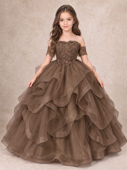3D Floral Girls Pageant Dresses Off Shoulder Ruffled Tulle Princess Gown for Wedding Birthday Party