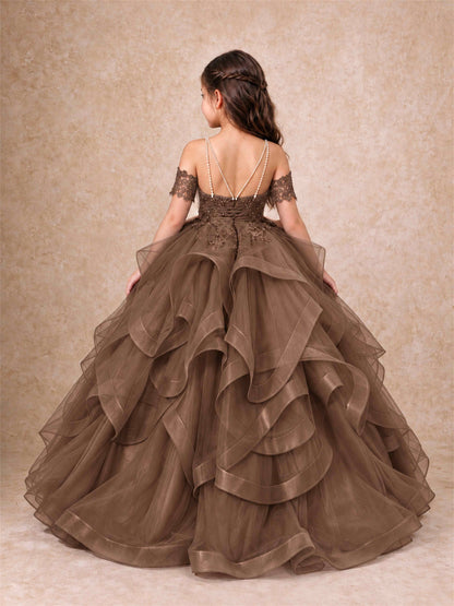 3D Floral Girls Pageant Dresses Off Shoulder Ruffled Tulle Princess Gown for Wedding Birthday Party
