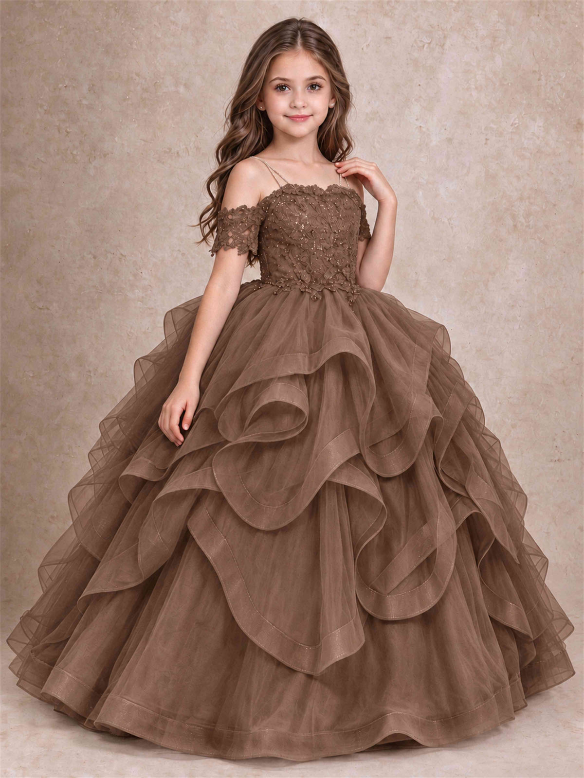 3D Floral Girls Pageant Dresses Off Shoulder Ruffled Tulle Princess Gown for Wedding Birthday Party