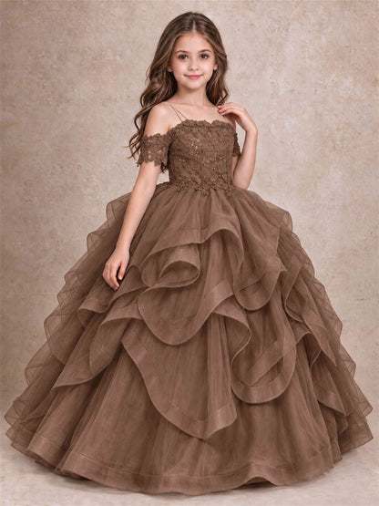 3D Floral Girls Pageant Dresses Off Shoulder Ruffled Tulle Princess Gown for Wedding Birthday Party