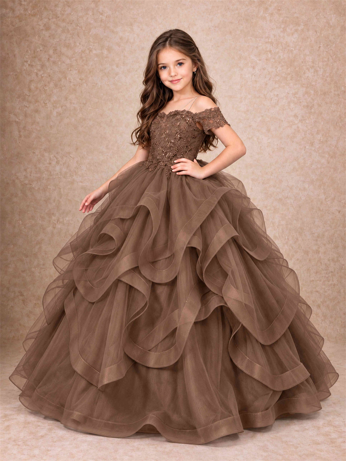 3D Floral Girls Pageant Dresses Off Shoulder Ruffled Tulle Princess Gown for Wedding Birthday Party