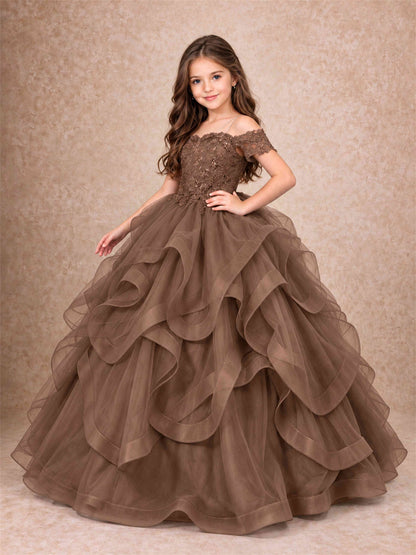 3D Floral Girls Pageant Dresses Off Shoulder Ruffled Tulle Princess Gown for Wedding Birthday Party