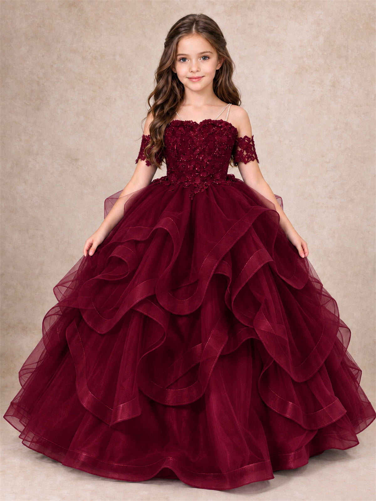 3D Floral Girls Pageant Dresses Off Shoulder Ruffled Tulle Princess Gown for Wedding Birthday Party