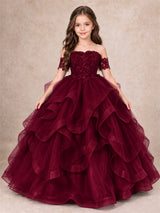 3D Floral Girls Pageant Dresses Off Shoulder Ruffled Tulle Princess Gown for Wedding Birthday Party