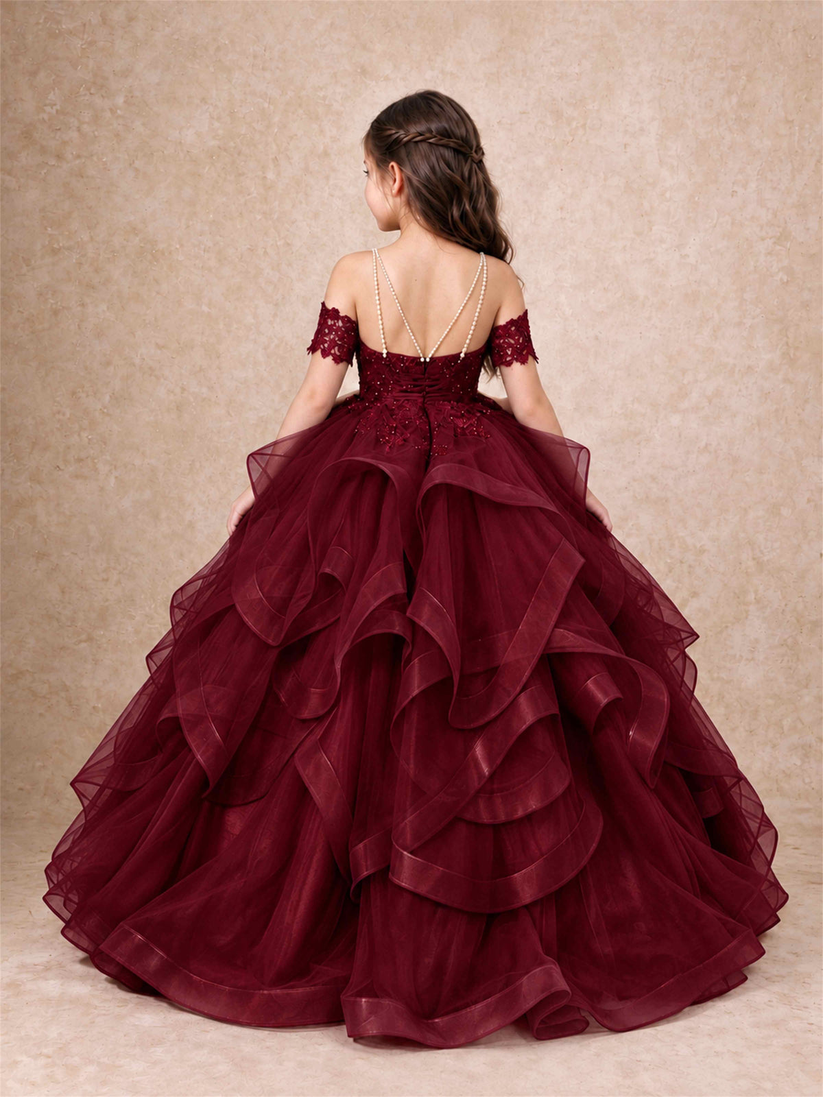 3D Floral Girls Pageant Dresses Off Shoulder Ruffled Tulle Princess Gown for Wedding Birthday Party