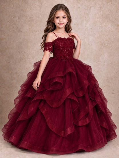 3D Floral Girls Pageant Dresses Off Shoulder Ruffled Tulle Princess Gown for Wedding Birthday Party