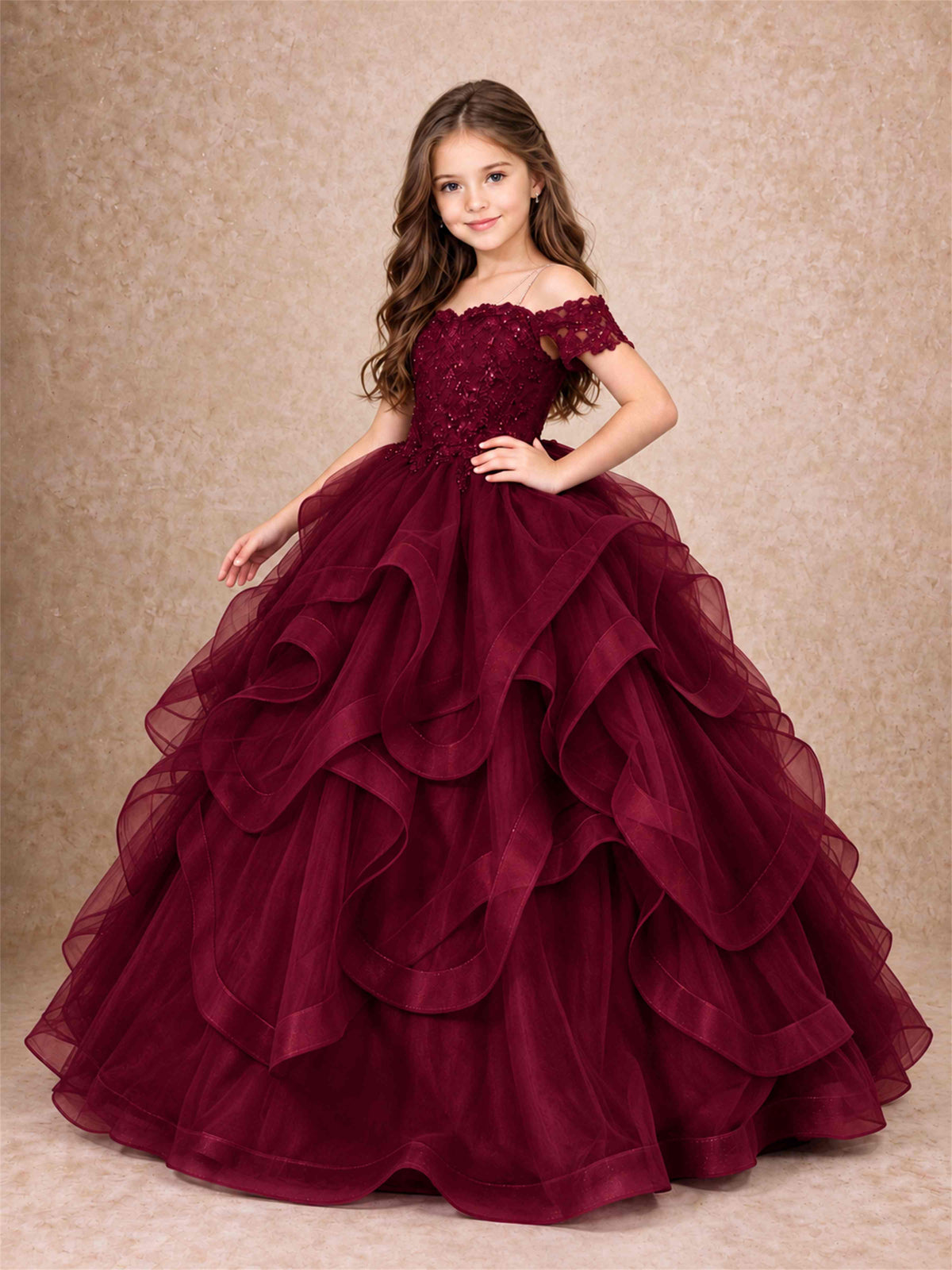 3D Floral Girls Pageant Dresses Off Shoulder Ruffled Tulle Princess Gown for Wedding Birthday Party