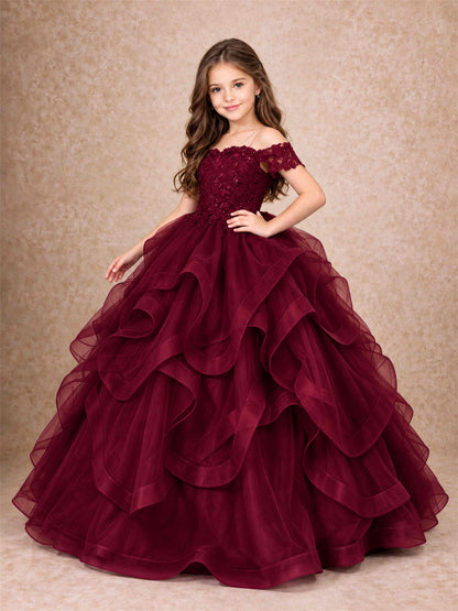 3D Floral Girls Pageant Dresses Off Shoulder Ruffled Tulle Princess Gown for Wedding Birthday Party
