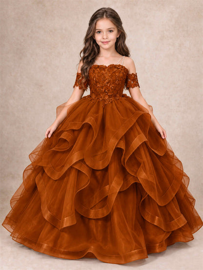 3D Floral Girls Pageant Dresses Off Shoulder Ruffled Tulle Princess Gown for Wedding Birthday Party