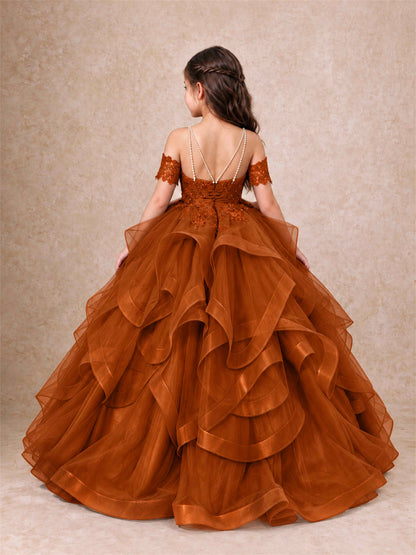 3D Floral Girls Pageant Dresses Off Shoulder Ruffled Tulle Princess Gown for Wedding Birthday Party