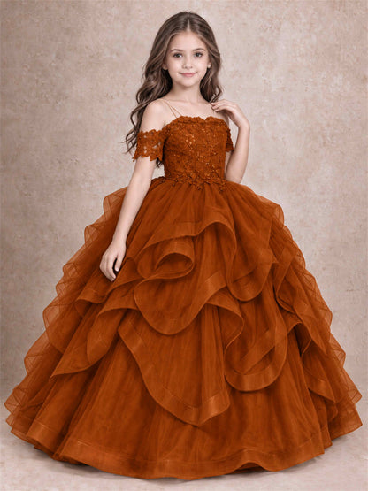 3D Floral Girls Pageant Dresses Off Shoulder Ruffled Tulle Princess Gown for Wedding Birthday Party