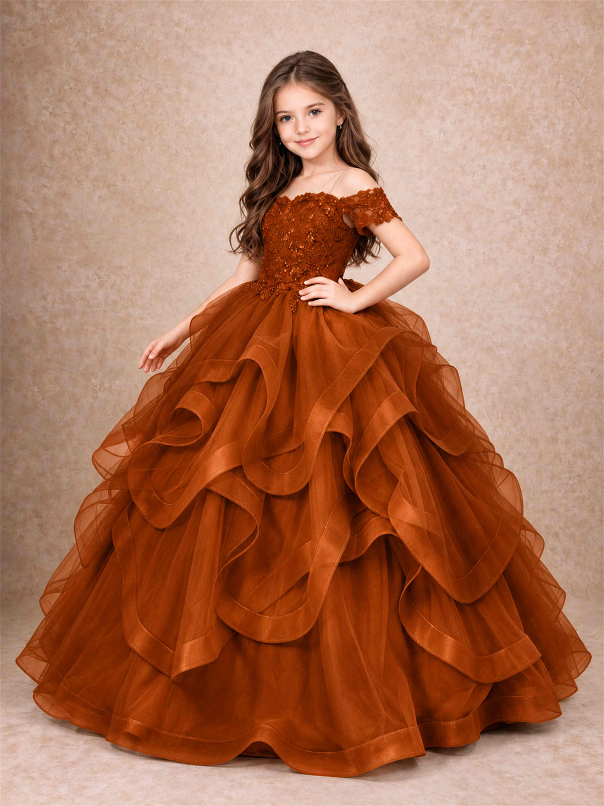3D Floral Girls Pageant Dresses Off Shoulder Ruffled Tulle Princess Gown for Wedding Birthday Party