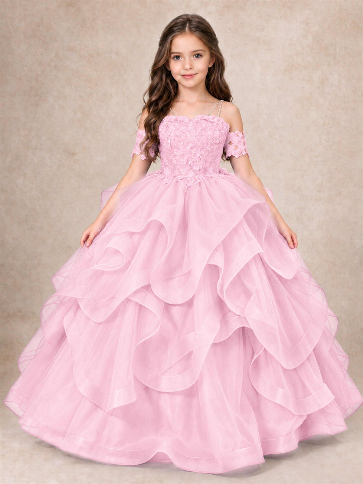 3D Floral Girls Pageant Dresses Off Shoulder Ruffled Tulle Princess Gown for Wedding Birthday Party