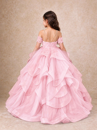 3D Floral Girls Pageant Dresses Off Shoulder Ruffled Tulle Princess Gown for Wedding Birthday Party