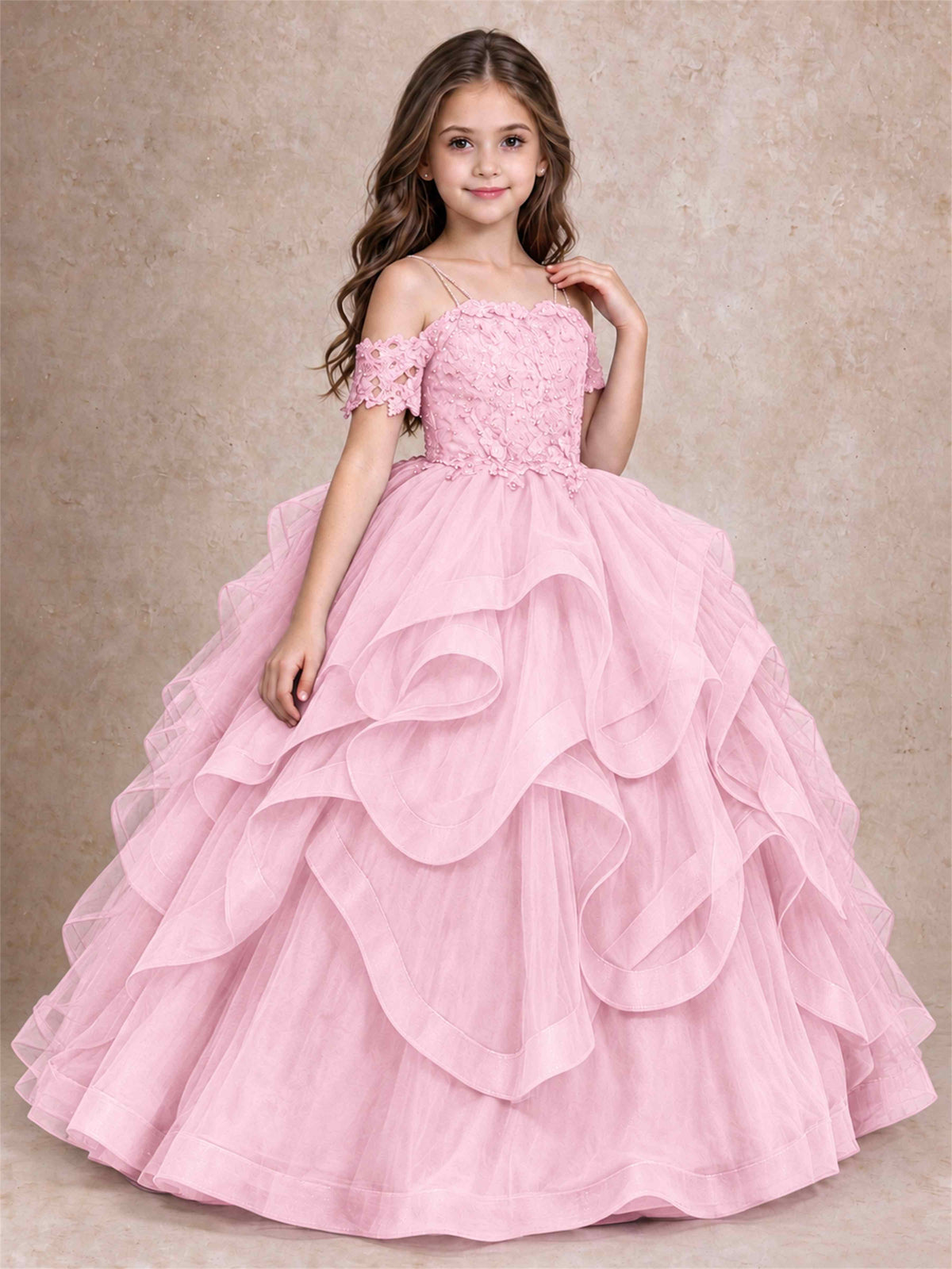 3D Floral Girls Pageant Dresses Off Shoulder Ruffled Tulle Princess Gown for Wedding Birthday Party