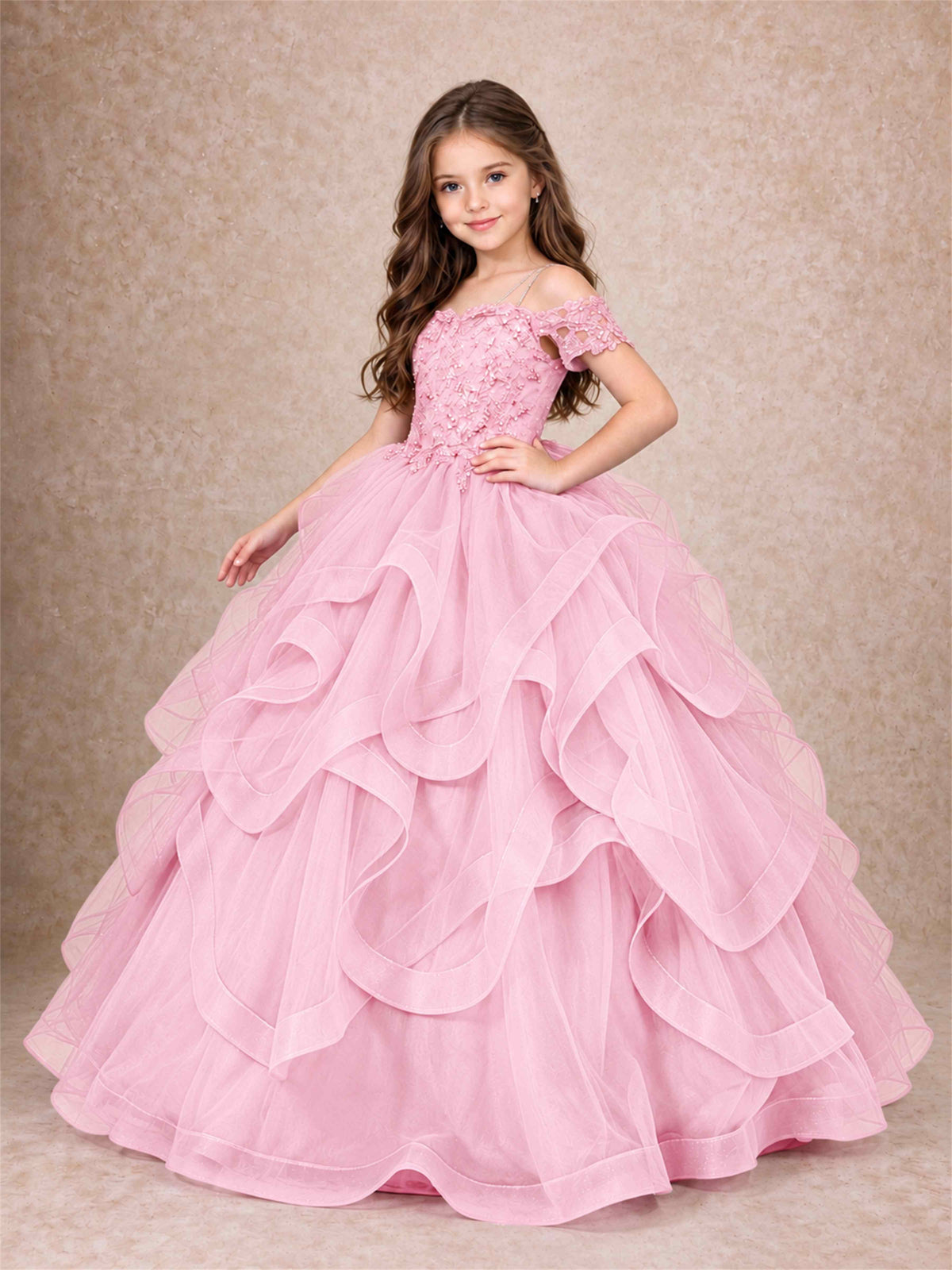 3D Floral Girls Pageant Dresses Off Shoulder Ruffled Tulle Princess Gown for Wedding Birthday Party