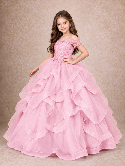 3D Floral Girls Pageant Dresses Off Shoulder Ruffled Tulle Princess Gown for Wedding Birthday Party
