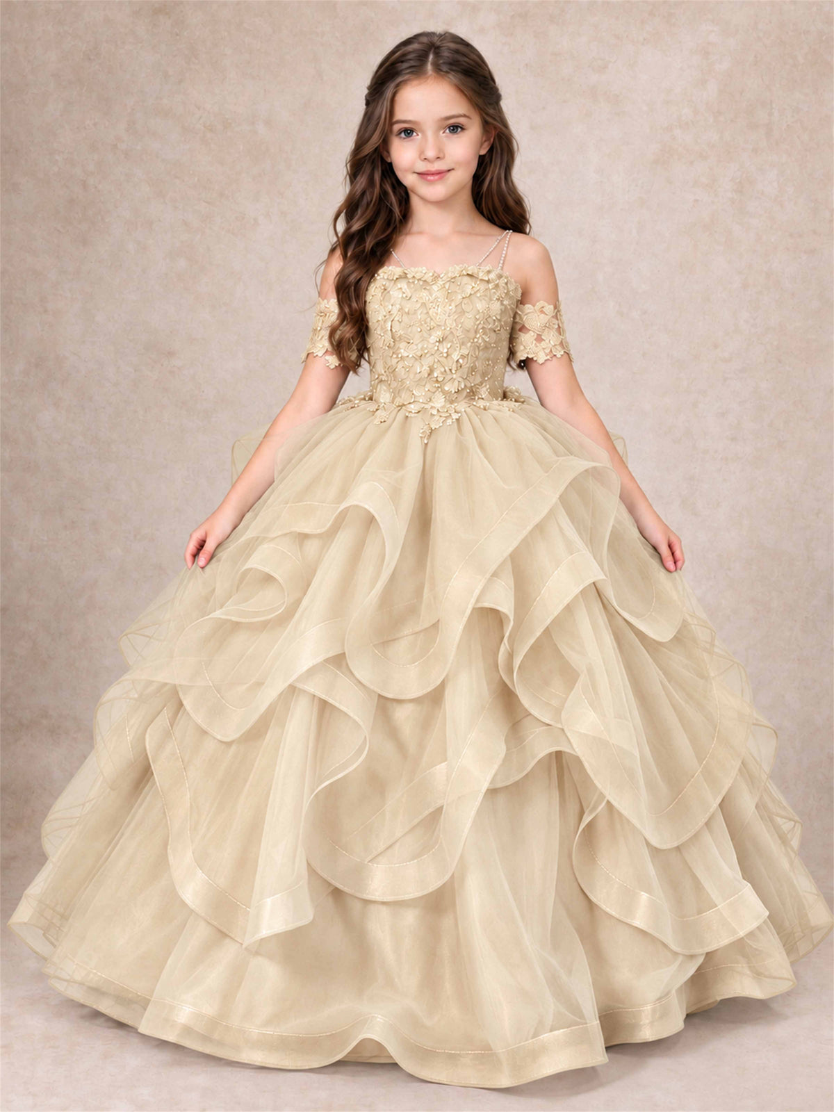 3D Floral Girls Pageant Dresses Off Shoulder Ruffled Tulle Princess Gown for Wedding Birthday Party