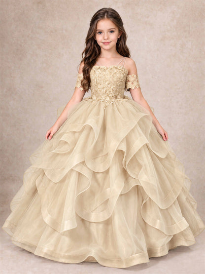 3D Floral Girls Pageant Dresses Off Shoulder Ruffled Tulle Princess Gown for Wedding Birthday Party