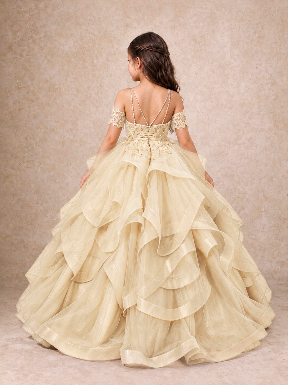 3D Floral Girls Pageant Dresses Off Shoulder Ruffled Tulle Princess Gown for Wedding Birthday Party