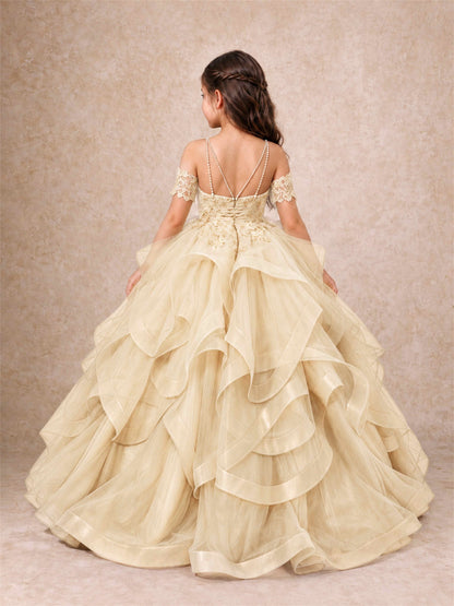 3D Floral Girls Pageant Dresses Off Shoulder Ruffled Tulle Princess Gown for Wedding Birthday Party