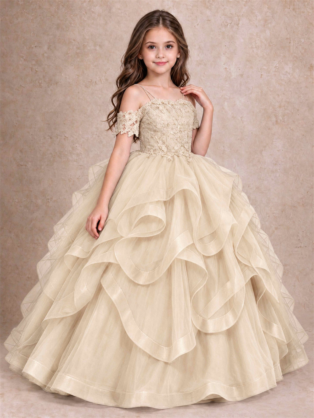 3D Floral Girls Pageant Dresses Off Shoulder Ruffled Tulle Princess Gown for Wedding Birthday Party
