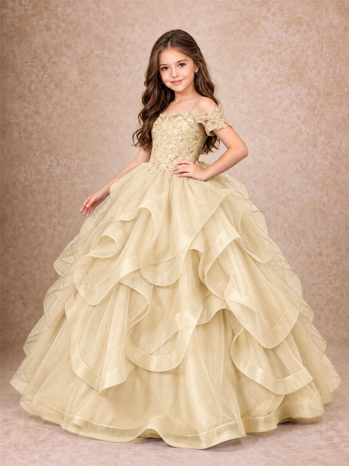 3D Floral Girls Pageant Dresses Off Shoulder Ruffled Tulle Princess Gown for Wedding Birthday Party