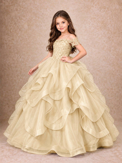 3D Floral Girls Pageant Dresses Off Shoulder Ruffled Tulle Princess Gown for Wedding Birthday Party