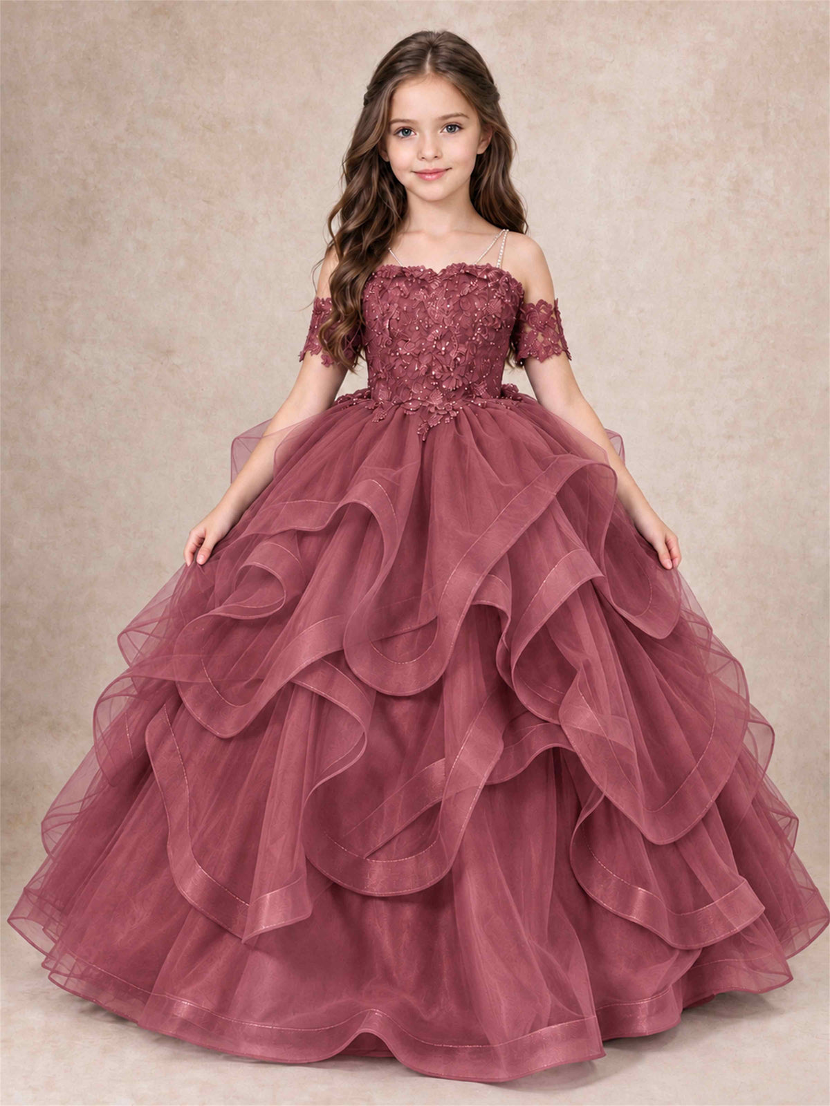 3D Floral Girls Pageant Dresses Off Shoulder Ruffled Tulle Princess Gown for Wedding Birthday Party
