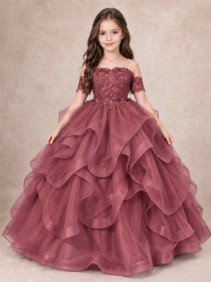 3D Floral Girls Pageant Dresses Off Shoulder Ruffled Tulle Princess Gown for Wedding Birthday Party