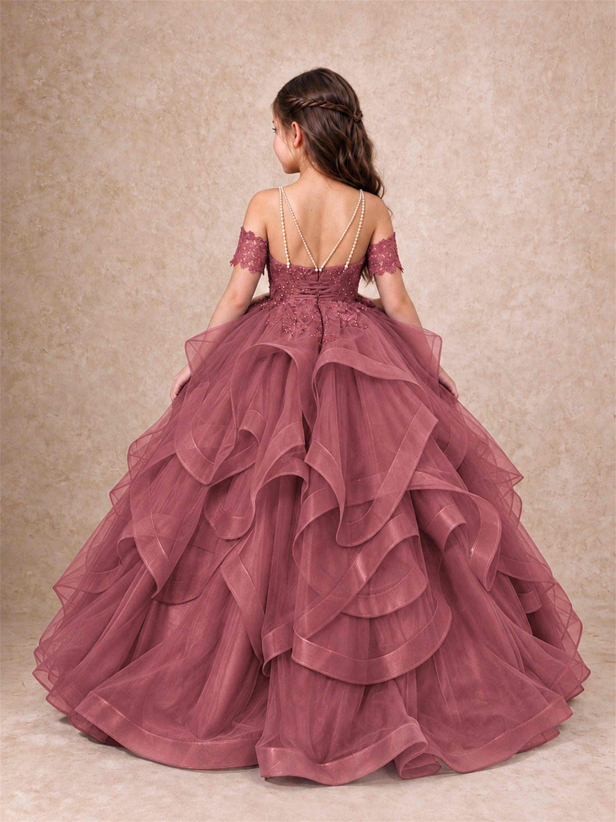 3D Floral Girls Pageant Dresses Off Shoulder Ruffled Tulle Princess Gown for Wedding Birthday Party