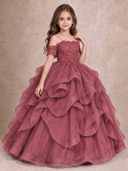 3D Floral Girls Pageant Dresses Off Shoulder Ruffled Tulle Princess Gown for Wedding Birthday Party
