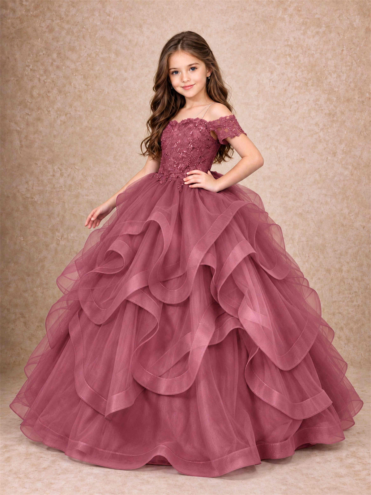 3D Floral Girls Pageant Dresses Off Shoulder Ruffled Tulle Princess Gown for Wedding Birthday Party