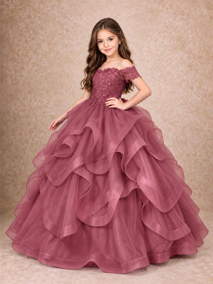 3D Floral Girls Pageant Dresses Off Shoulder Ruffled Tulle Princess Gown for Wedding Birthday Party