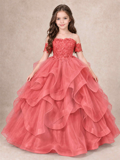 3D Floral Girls Pageant Dresses Off Shoulder Ruffled Tulle Princess Gown for Wedding Birthday Party