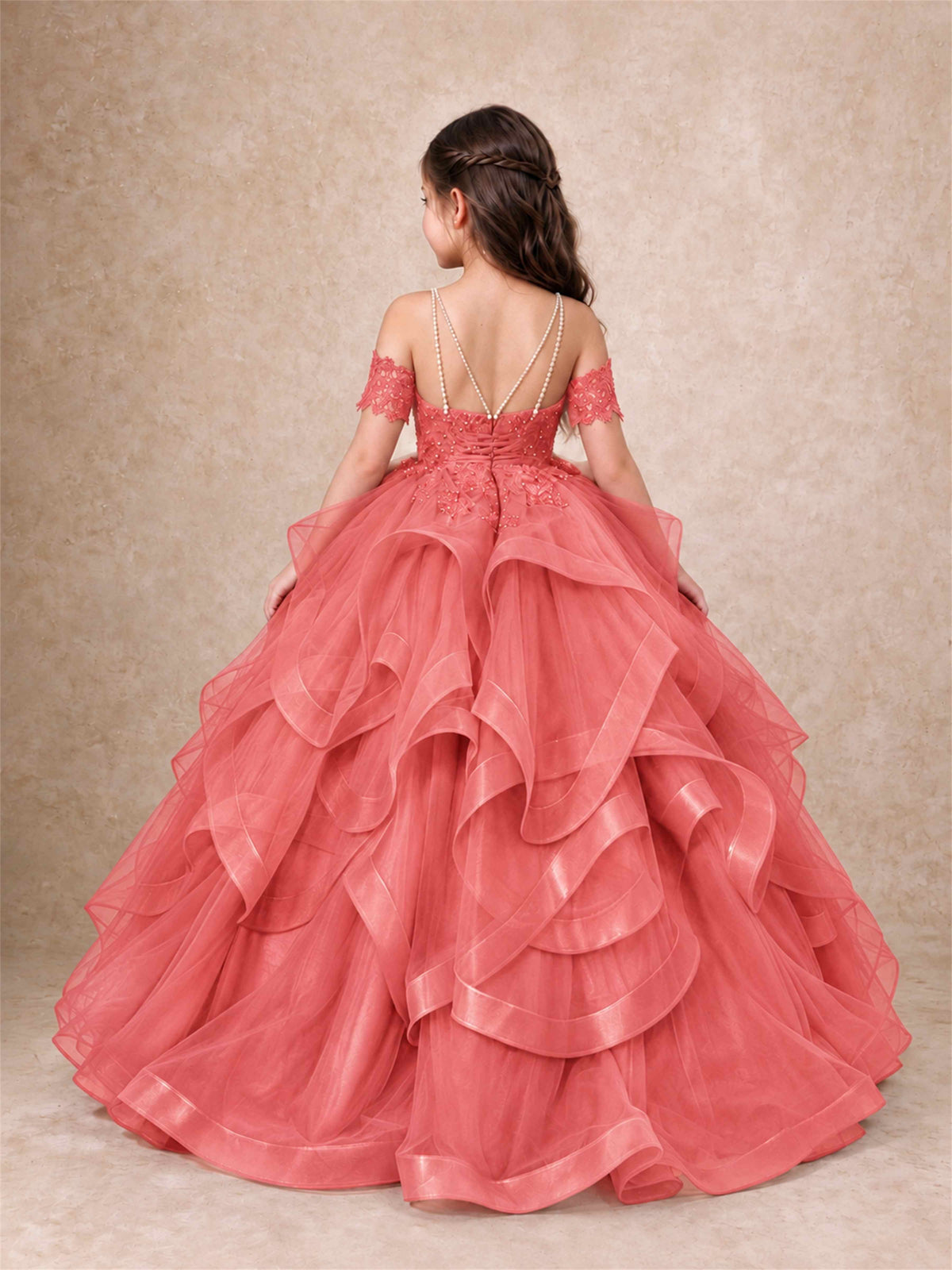 3D Floral Girls Pageant Dresses Off Shoulder Ruffled Tulle Princess Gown for Wedding Birthday Party