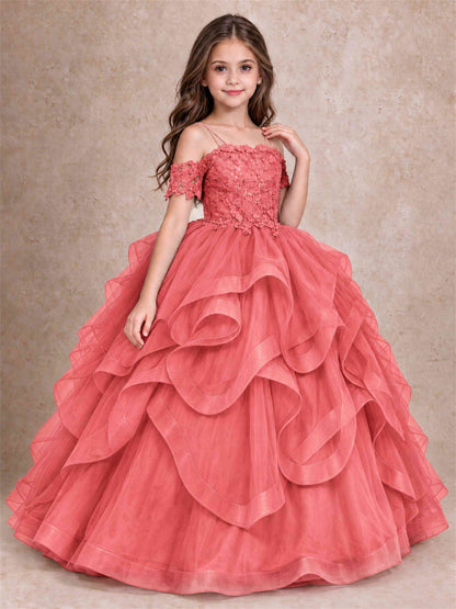 3D Floral Girls Pageant Dresses Off Shoulder Ruffled Tulle Princess Gown for Wedding Birthday Party