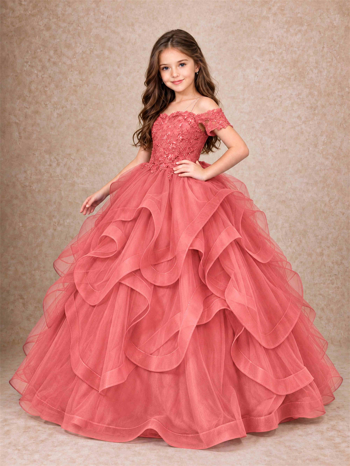 3D Floral Girls Pageant Dresses Off Shoulder Ruffled Tulle Princess Gown for Wedding Birthday Party