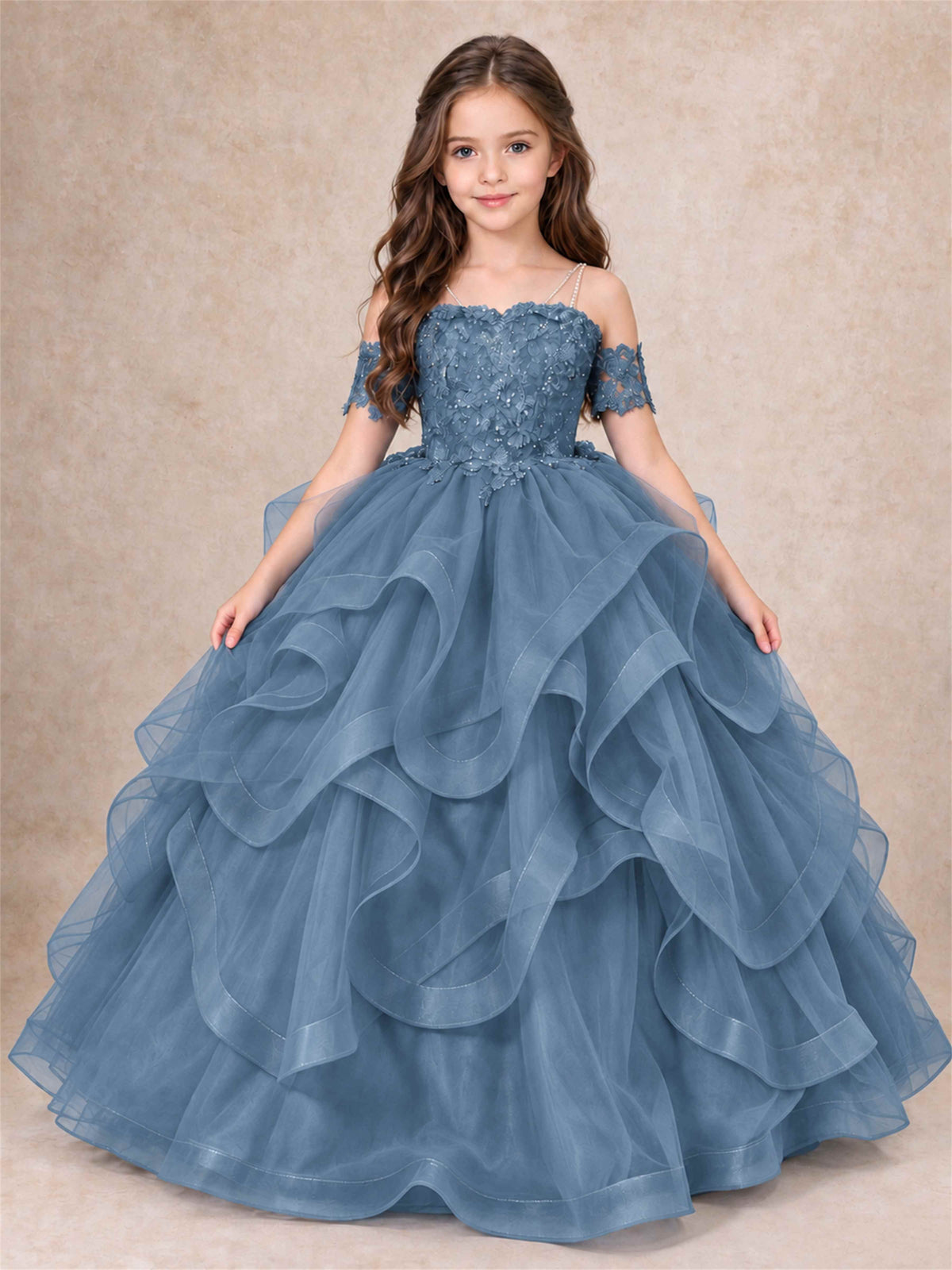 3D Floral Girls Pageant Dresses Off Shoulder Ruffled Tulle Princess Gown for Wedding Birthday Party
