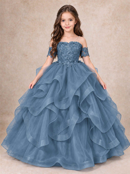 3D Floral Girls Pageant Dresses Off Shoulder Ruffled Tulle Princess Gown for Wedding Birthday Party