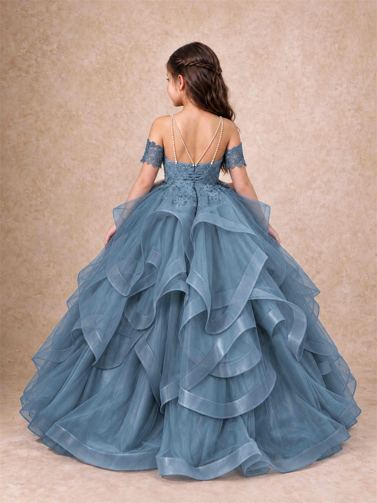 3D Floral Girls Pageant Dresses Off Shoulder Ruffled Tulle Princess Gown for Wedding Birthday Party