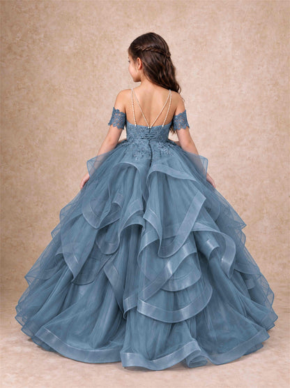 3D Floral Girls Pageant Dresses Off Shoulder Ruffled Tulle Princess Gown for Wedding Birthday Party