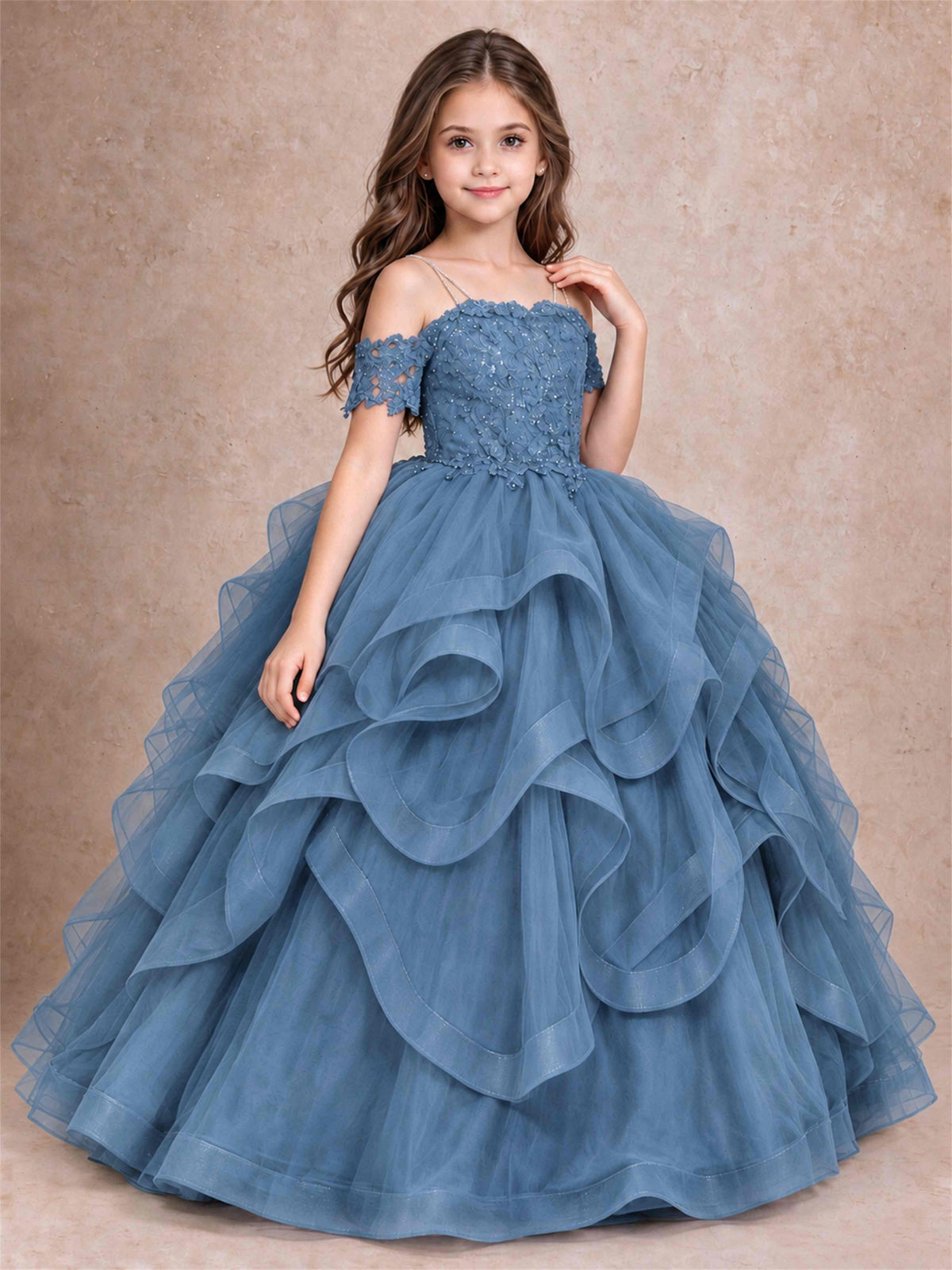 3D Floral Girls Pageant Dresses Off Shoulder Ruffled Tulle Princess Gown for Wedding Birthday Party