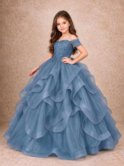 3D Floral Girls Pageant Dresses Off Shoulder Ruffled Tulle Princess Gown for Wedding Birthday Party
