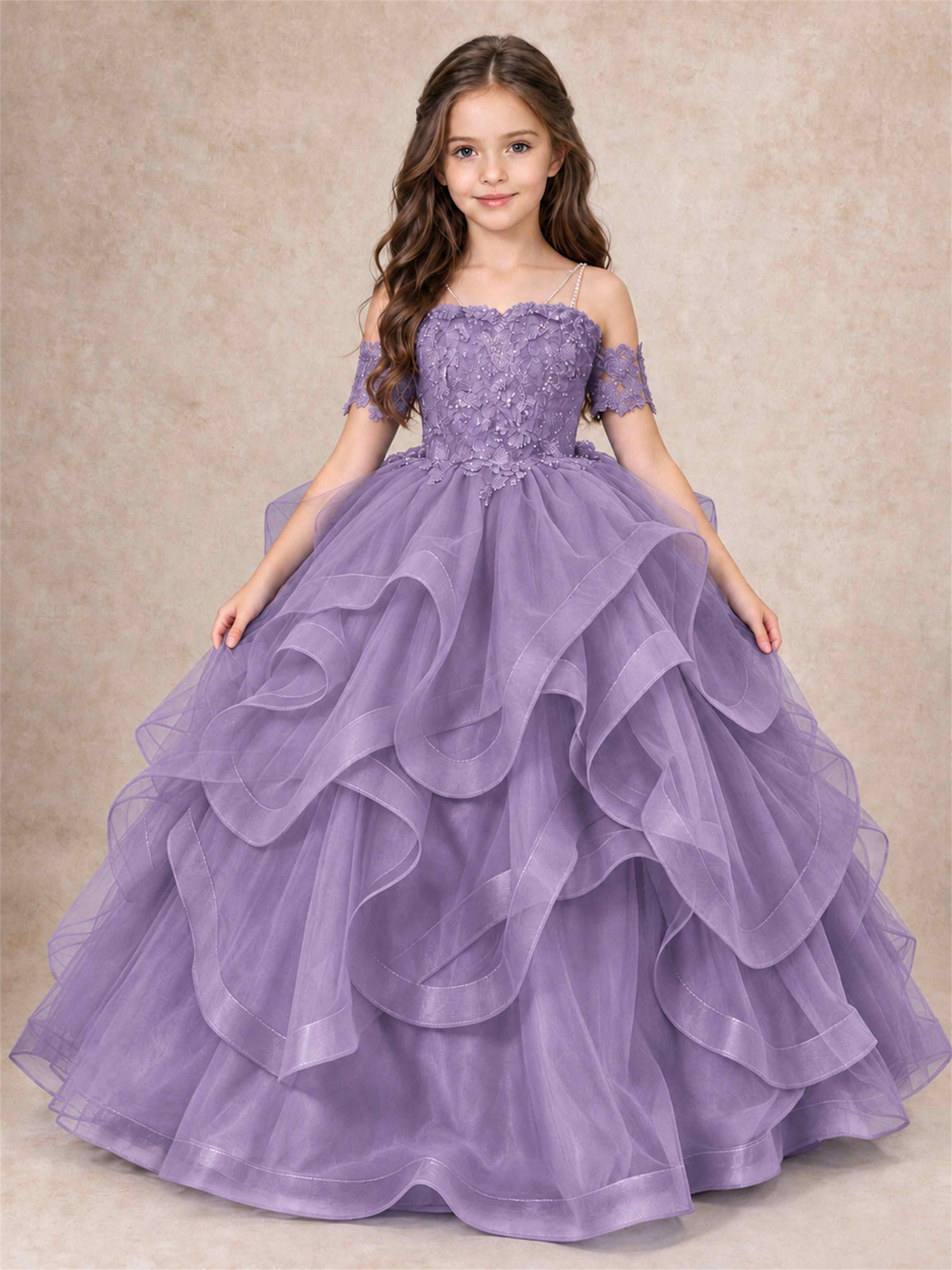 3D Floral Girls Pageant Dresses Off Shoulder Ruffled Tulle Princess Gown for Wedding Birthday Party