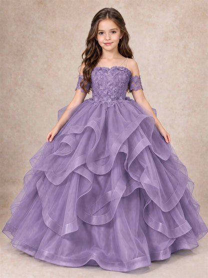 3D Floral Girls Pageant Dresses Off Shoulder Ruffled Tulle Princess Gown for Wedding Birthday Party