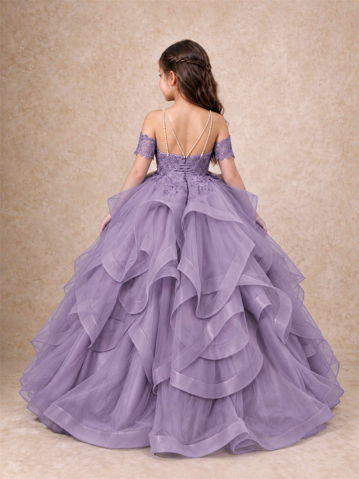 3D Floral Girls Pageant Dresses Off Shoulder Ruffled Tulle Princess Gown for Wedding Birthday Party